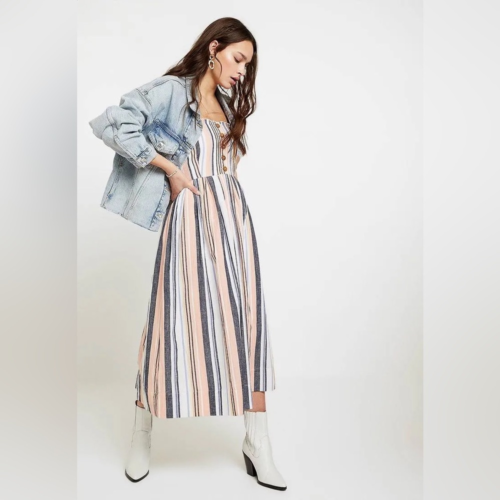 Free People Striped Maxi Dress in Peach, Navy & White